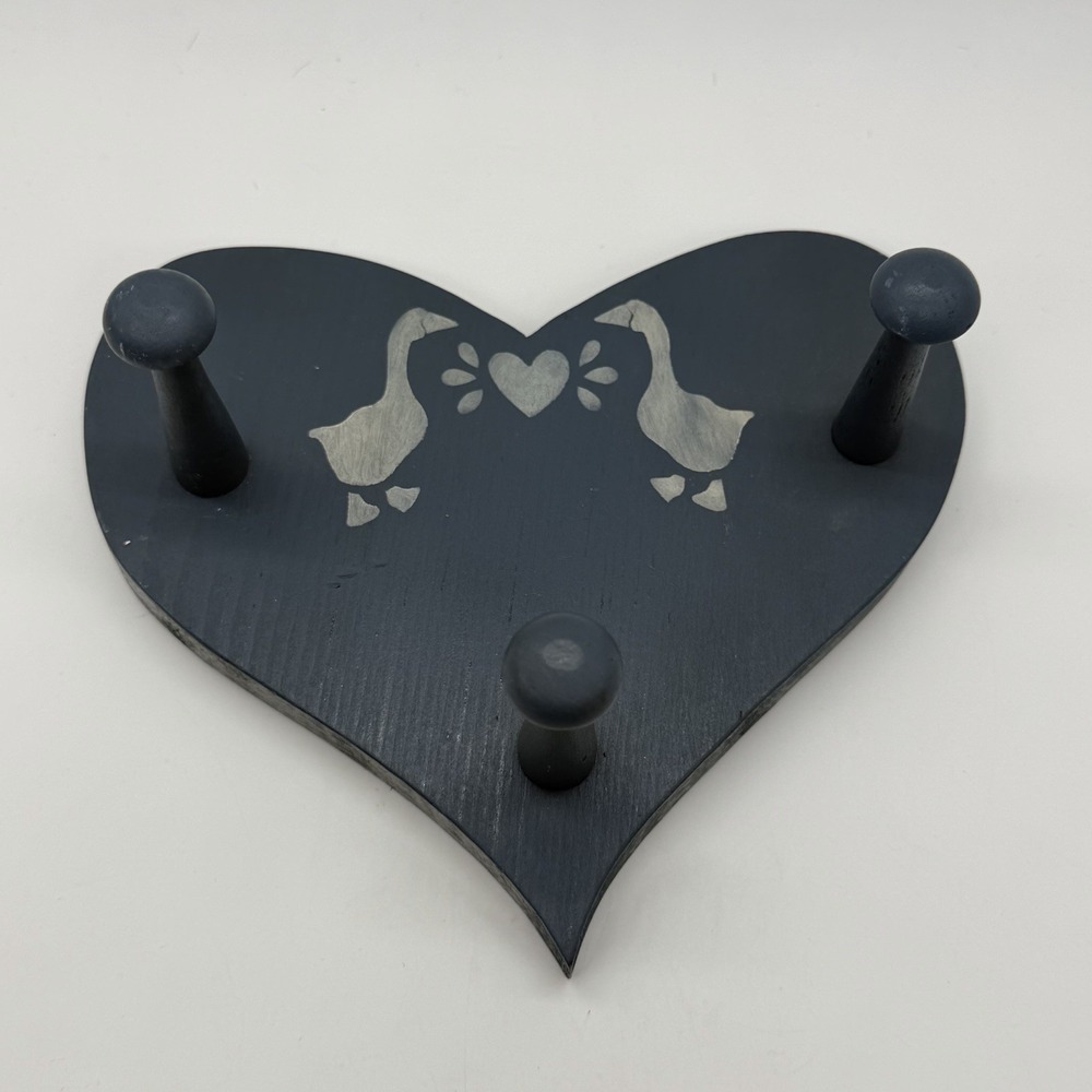 VTG Geese Decor Hand Painted Wooden Heart Cutout Peg Hangers Granny Core Goose